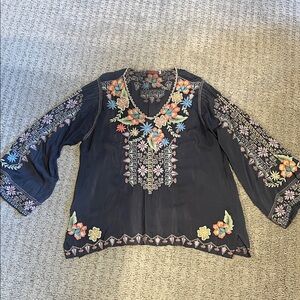 Johnny Was Dark Blue Floral Embroidered Blouse